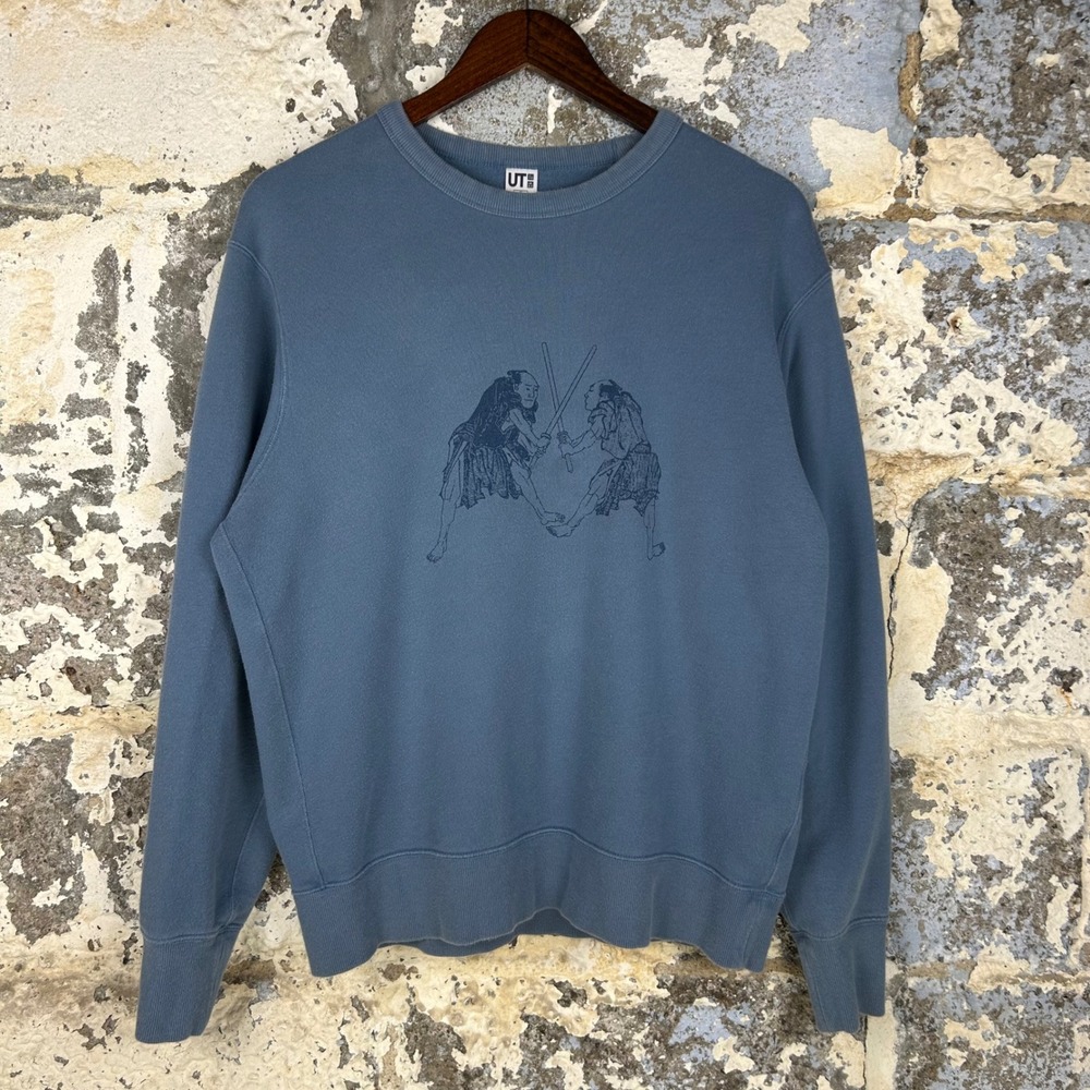Uniqlo Hokusai Blue Sweatshirt Blue Samurai Graphic Crewneck Pullover Mens M